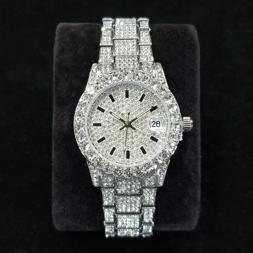 Elegant Full Diamond Female Watches Fashion Silver Round Stainless Steel Quartz Watch Iced Out Shiny Waterproof Gift for Women