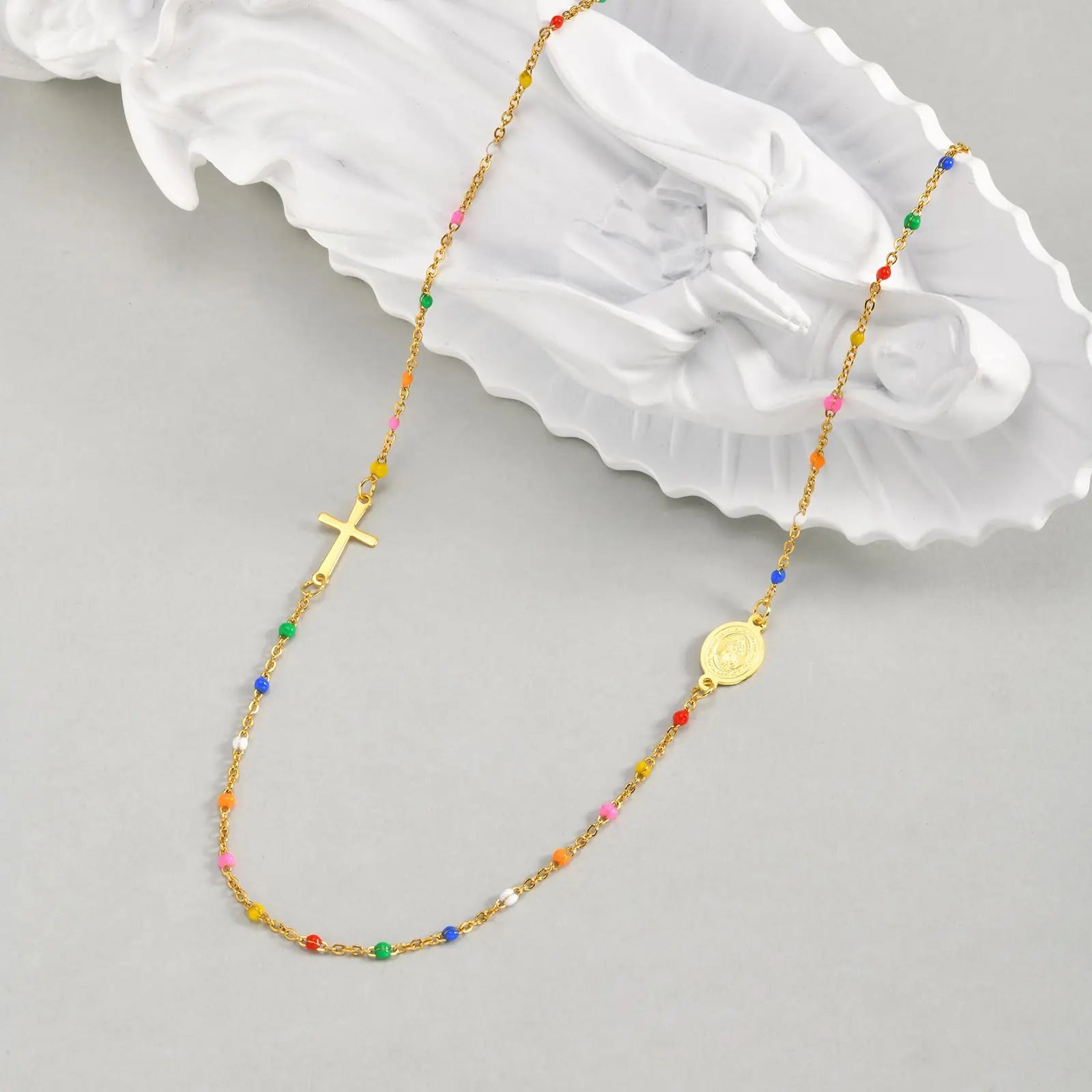 Bohemian Colored Bead Chains Virgin Cross Necklace for Women,Stainless Steel St. Benedict Cross Necklaces,Holy Christian Jewelry