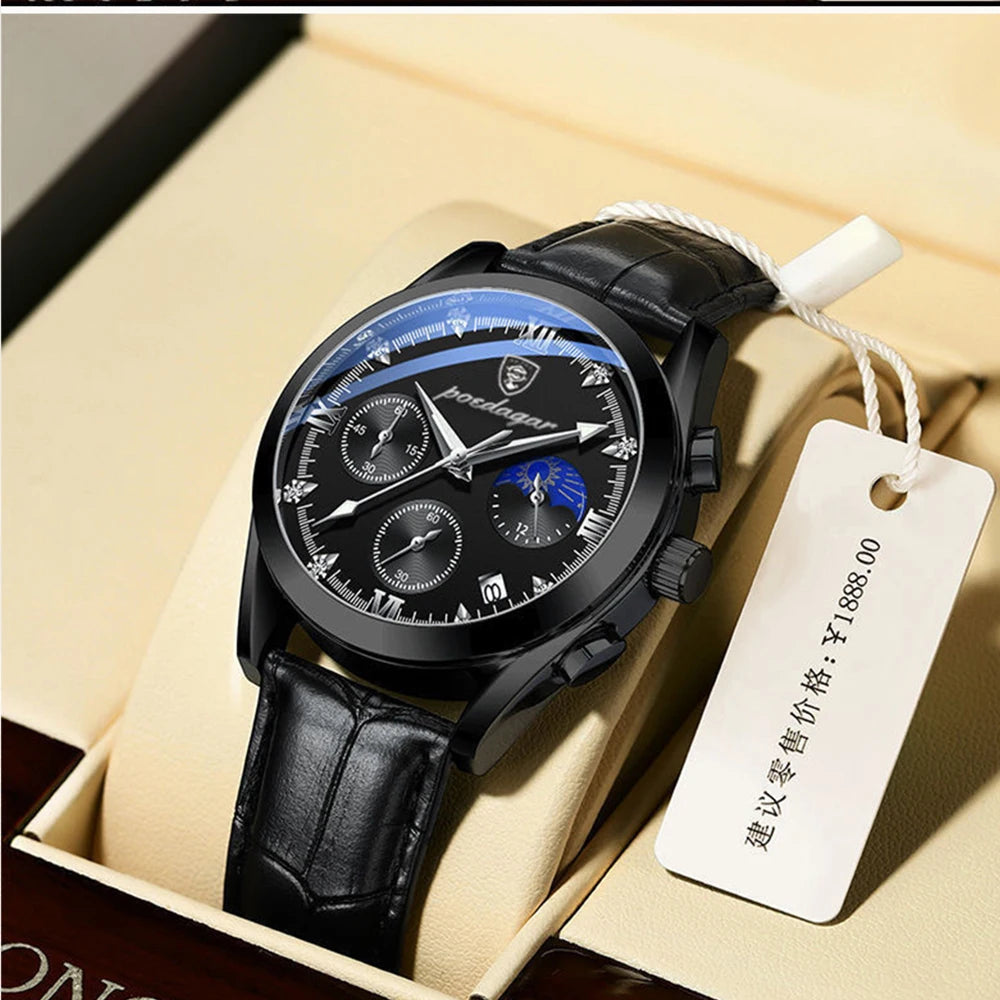 POEDAGAR New Fashion Men Watch Top Brand Luxury Men's Leather Quartz Wristwatch Sports Waterproof Luminous Date Male Clock + Box