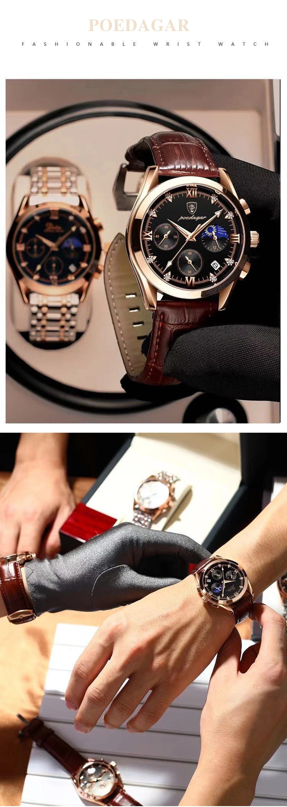 POEDAGAR New Fashion Men Watch Top Brand Luxury Men's Leather Quartz Wristwatch Sports Waterproof Luminous Date Male Clock + Box