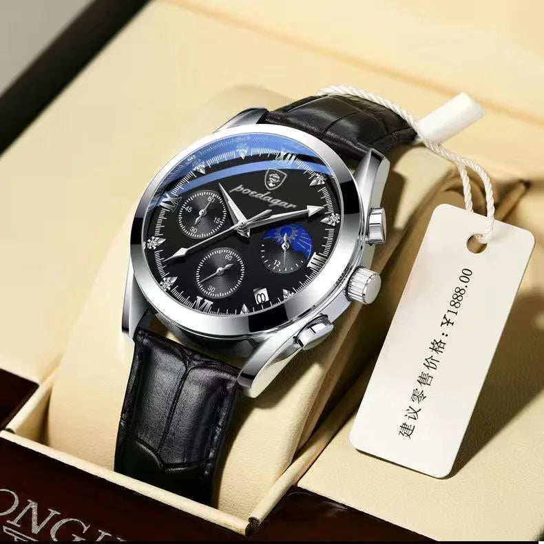 POEDAGAR New Fashion Men Watch Top Brand Luxury Men's Leather Quartz Wristwatch Sports Waterproof Luminous Date Male Clock + Box