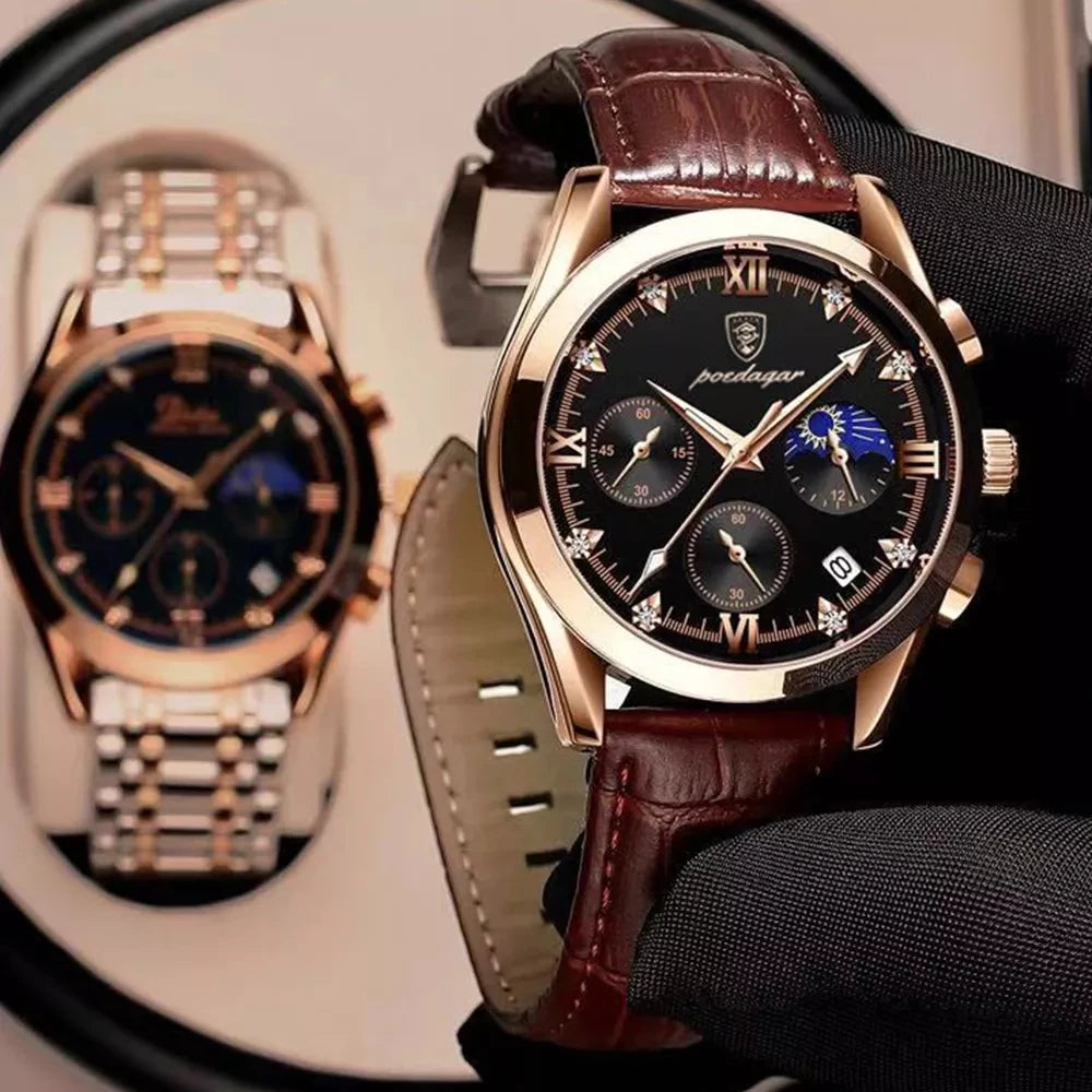 POEDAGAR New Fashion Men Watch Top Brand Luxury Men's Leather Quartz Wristwatch Sports Waterproof Luminous Date Male Clock + Box