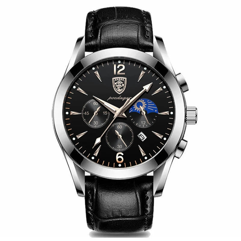 POEDAGAR New Fashion Men Watch Top Brand Luxury Men's Leather Quartz Wristwatch Sports Waterproof Luminous Date Male Clock + Box