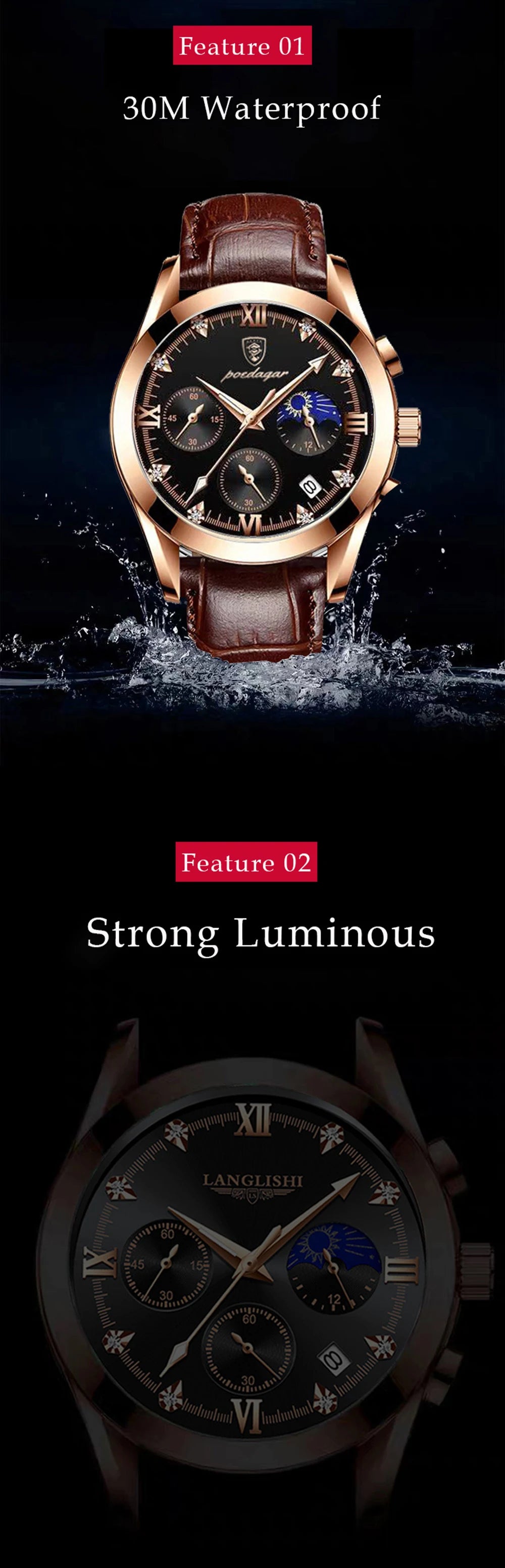 POEDAGAR New Fashion Men Watch Top Brand Luxury Men's Leather Quartz Wristwatch Sports Waterproof Luminous Date Male Clock + Box