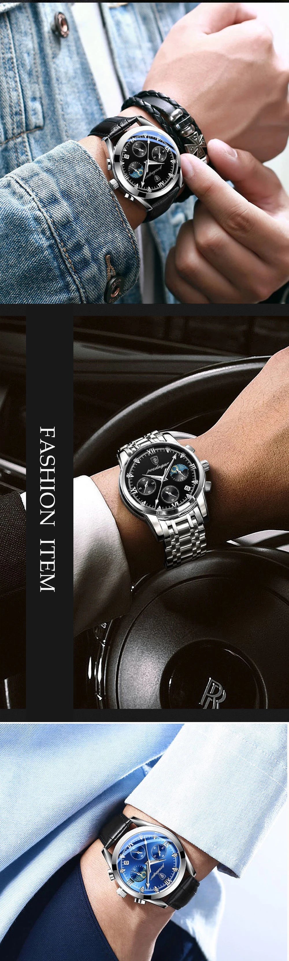 POEDAGAR New Fashion Men Watch Top Brand Luxury Men's Leather Quartz Wristwatch Sports Waterproof Luminous Date Male Clock + Box