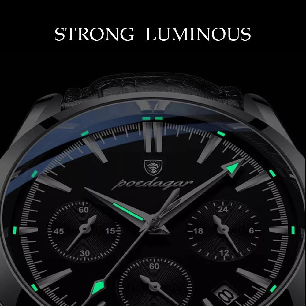 POEDAGAR New Fashion Men Watch Top Brand Luxury Men's Leather Quartz Wristwatch Sports Waterproof Luminous Date Male Clock + Box