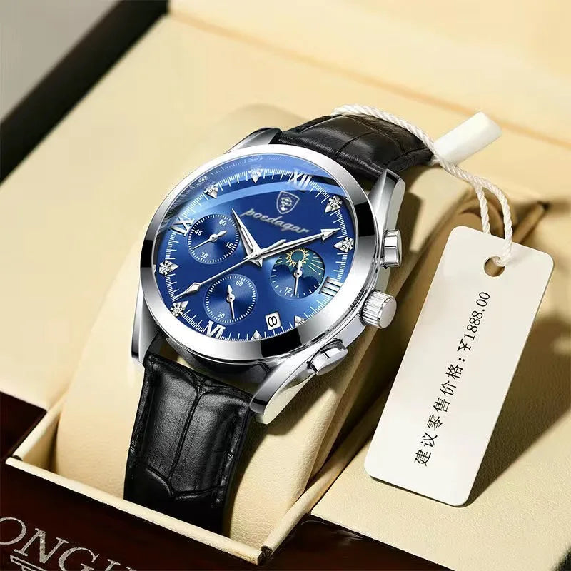 POEDAGAR New Fashion Men Watch Top Brand Luxury Men's Leather Quartz Wristwatch Sports Waterproof Luminous Date Male Clock + Box
