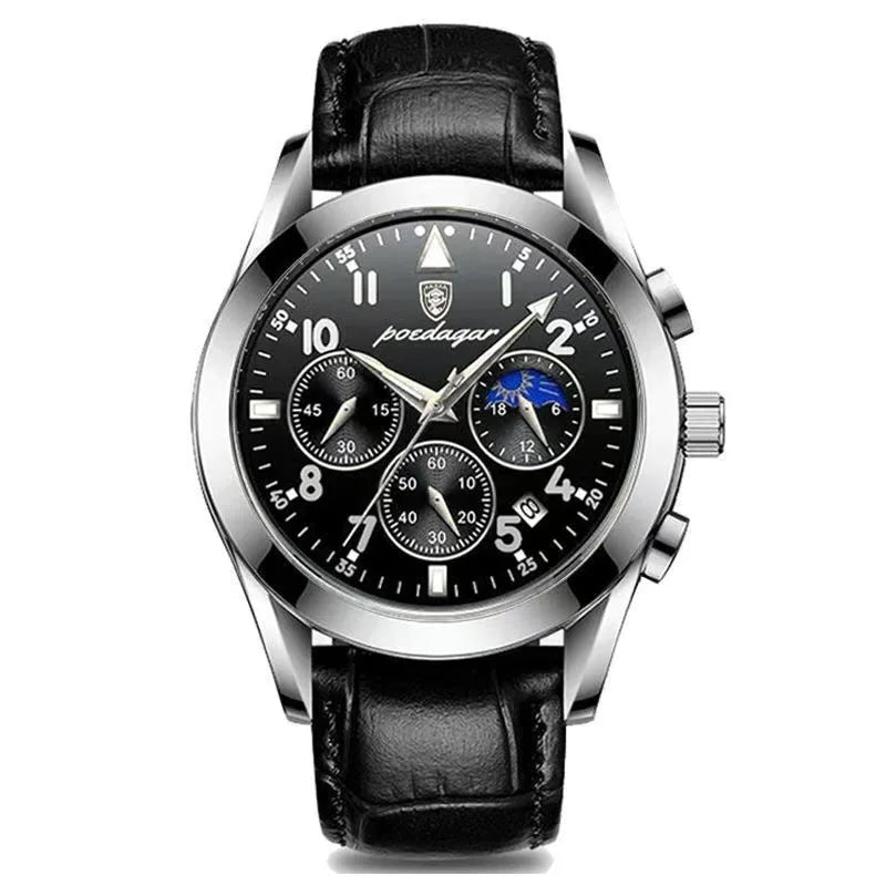 POEDAGAR New Fashion Men Watch Top Brand Luxury Men's Leather Quartz Wristwatch Sports Waterproof Luminous Date Male Clock + Box