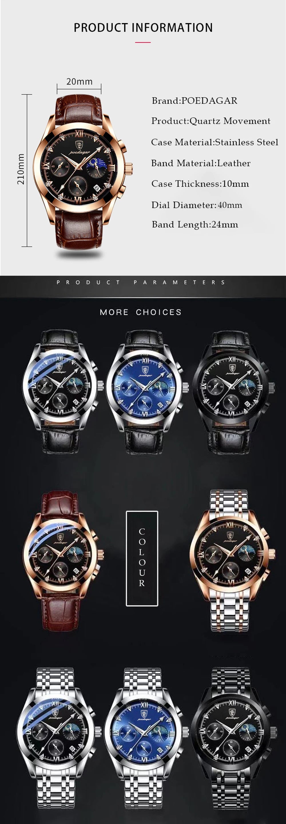 POEDAGAR New Fashion Men Watch Top Brand Luxury Men's Leather Quartz Wristwatch Sports Waterproof Luminous Date Male Clock + Box
