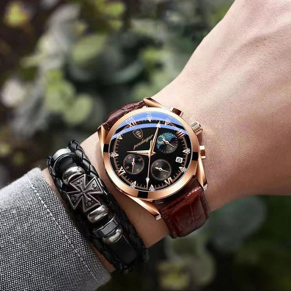 POEDAGAR New Fashion Men Watch Top Brand Luxury Men's Leather Quartz Wristwatch Sports Waterproof Luminous Date Male Clock + Box