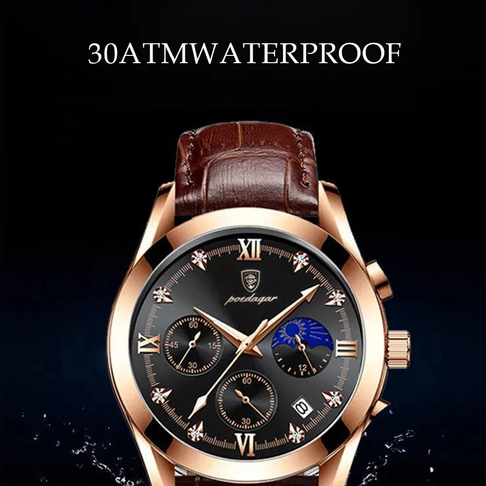 POEDAGAR New Fashion Men Watch Top Brand Luxury Men's Leather Quartz Wristwatch Sports Waterproof Luminous Date Male Clock + Box