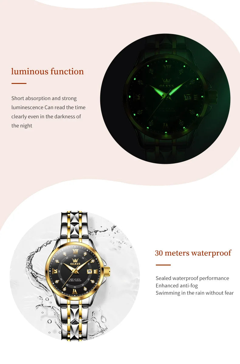 OLEVS Elegant Luxury Watches for Women Original Stainless Steel Calendar Luminous Waterproof Quartz Fashion Trend Ladies Watch