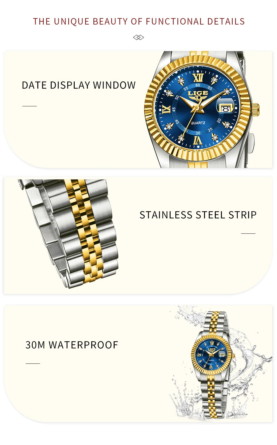 LIGE Fashion Woman Watch Stainless Steel Waterproof Auto Date Elegant Ladies Wristwatch Luxury Original Quartz Watch for Women