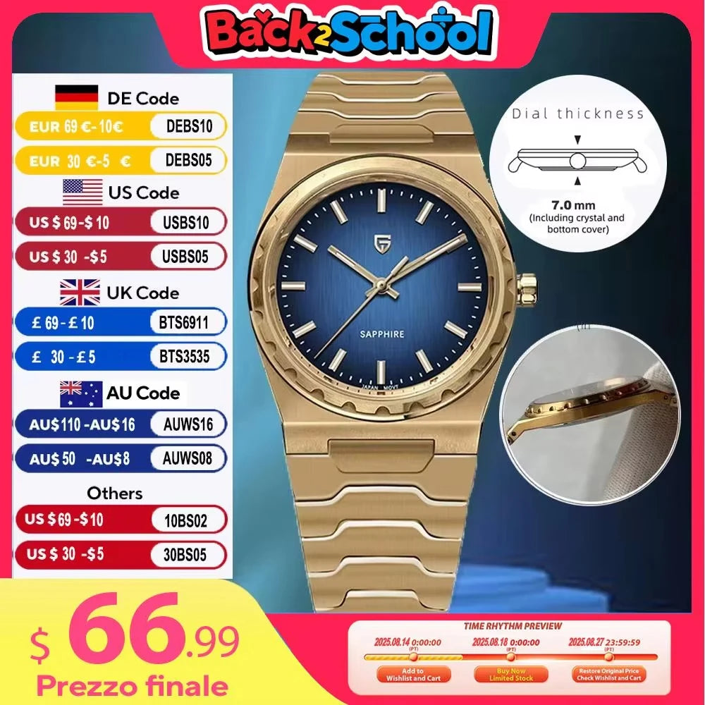 PAGANI DESIGN Men's Quartz Watches Ultra-Thin 7mm Series 222 Sapphire Stainless Steel Waterproof Watches for Man PDYS020