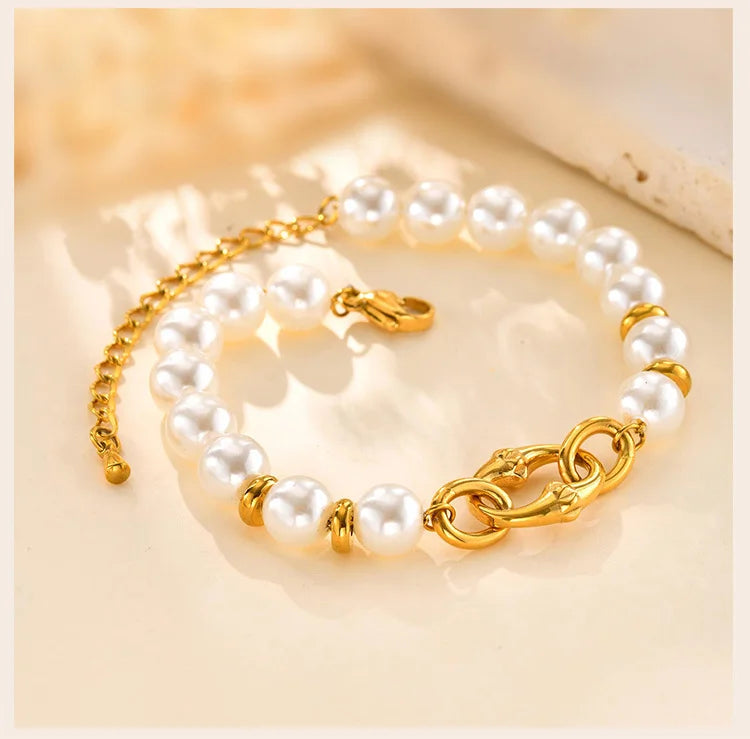 Statement Gold Plated Pearl Beaded Bracelets for Women, Waterproof Link Handmade Wristband Trendy Jewelry