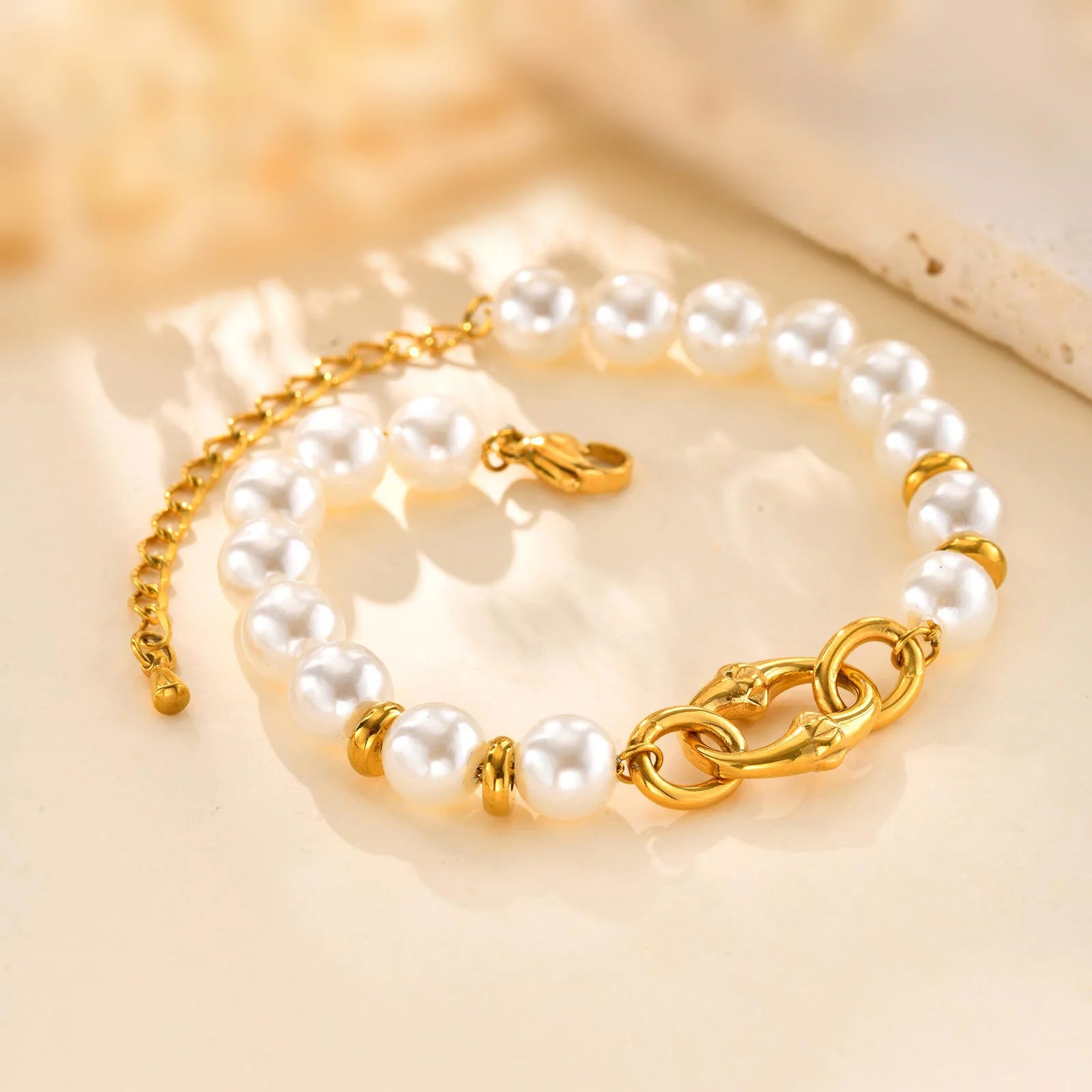 Statement Gold Plated Pearl Beaded Bracelets for Women, Waterproof Link Handmade Wristband Trendy Jewelry