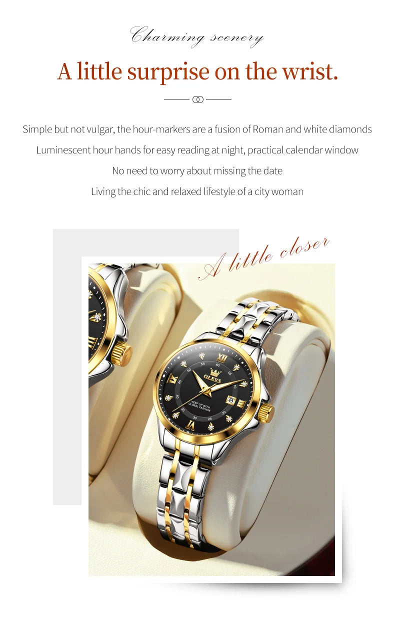 OLEVS Elegant Luxury Watches for Women Original Stainless Steel Calendar Luminous Waterproof Quartz Fashion Trend Ladies Watch