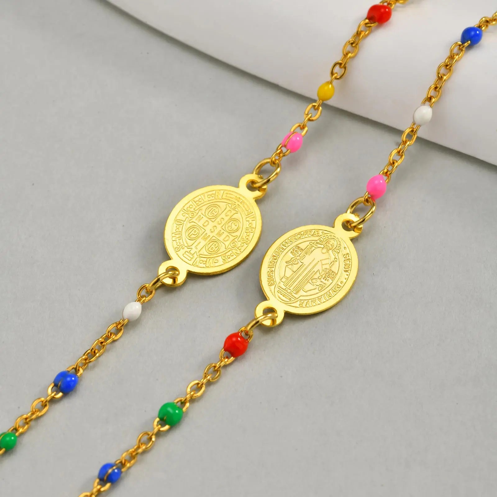 Bohemian Colored Bead Chains Virgin Cross Necklace for Women,Stainless Steel St. Benedict Cross Necklaces,Holy Christian Jewelry