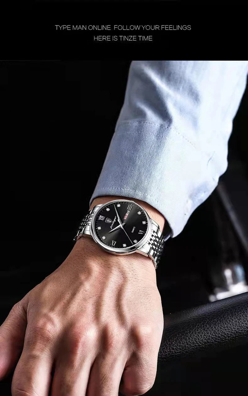 POEDAGAR Stainless Steel Men Quartz Wristwatch Waterproof Luxury Brand Fashion Sport Luminous Mens Watches Calendar Gifts Clocks