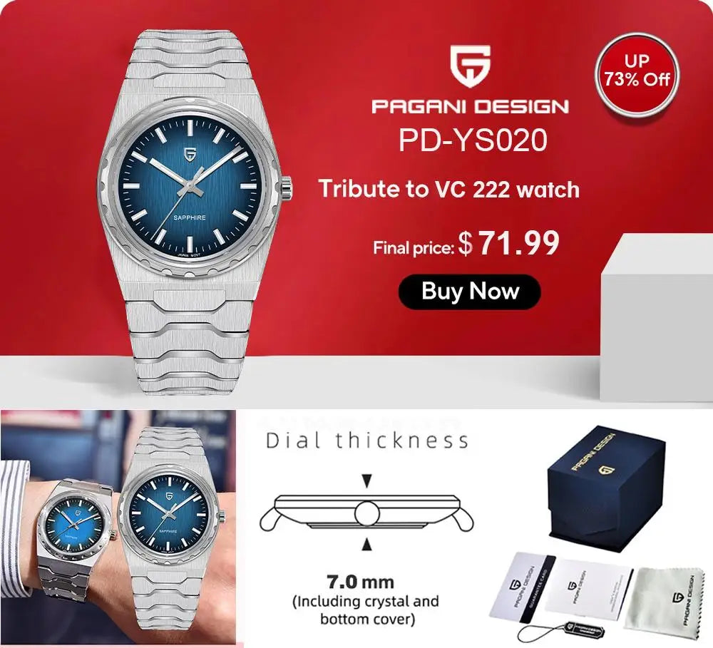 PAGANI DESIGN Men's Quartz Watches Ultra-Thin 7mm Series 222 Sapphire Stainless Steel Waterproof Watches for Man PDYS020