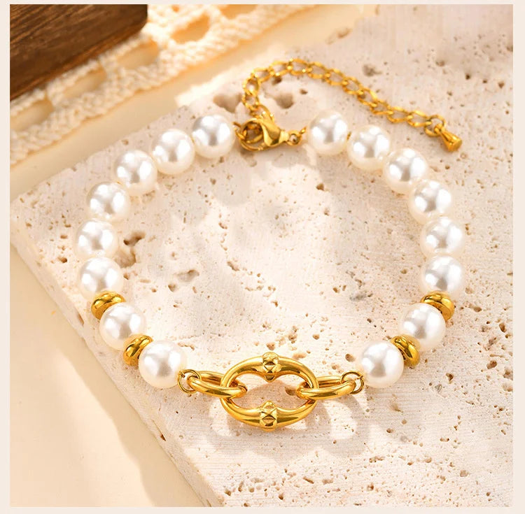 Statement Gold Plated Pearl Beaded Bracelets for Women, Waterproof Link Handmade Wristband Trendy Jewelry