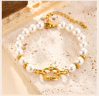 Statement Gold Plated Pearl Beaded Bracelets for Women, Waterproof Link Handmade Wristband Trendy Jewelry
