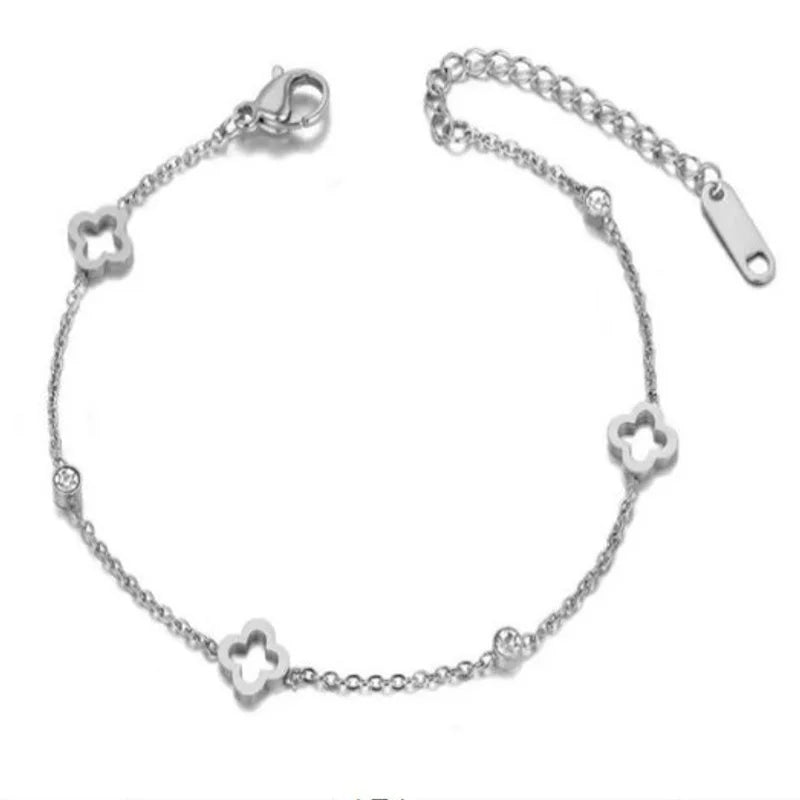 EVISPOL Fashion Stainless Steel Clover Flower Bracelet Set for Women Stylish Gold Color Bangles Earring Piercing Jewelry Gifts