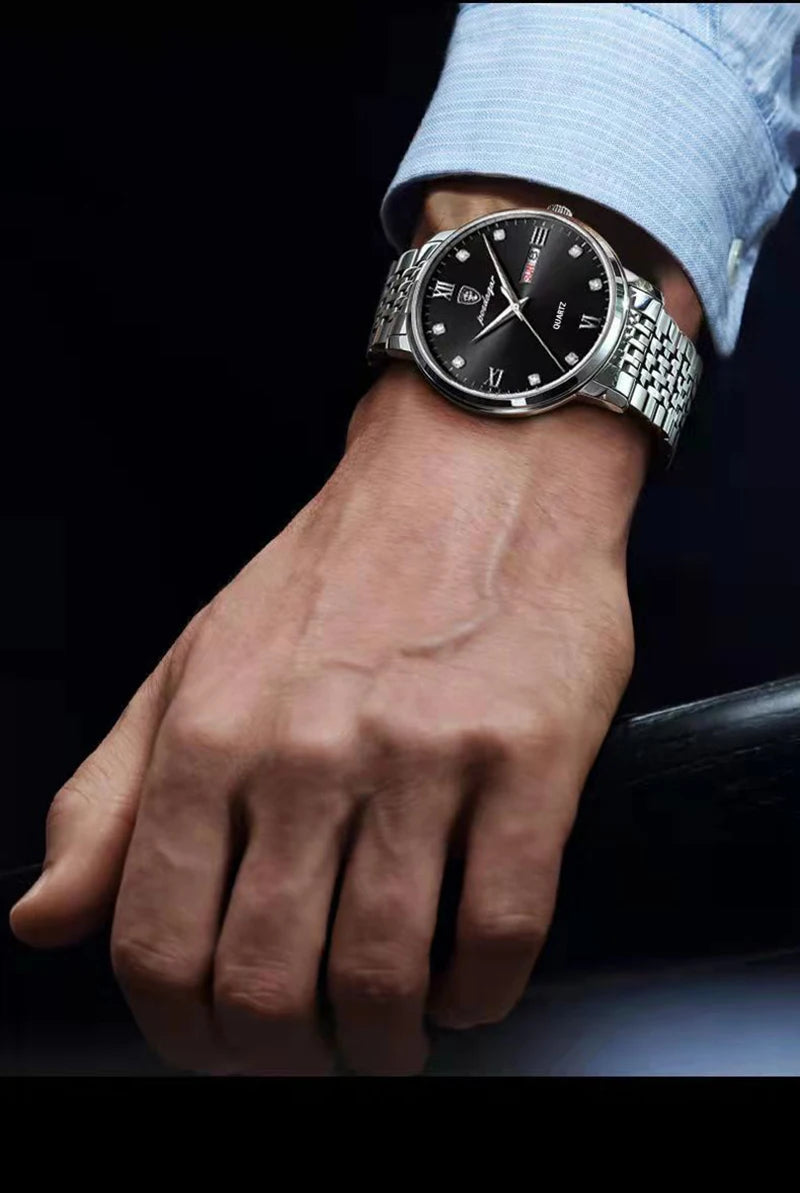 POEDAGAR Stainless Steel Men Quartz Wristwatch Waterproof Luxury Brand Fashion Sport Luminous Mens Watches Calendar Gifts Clocks
