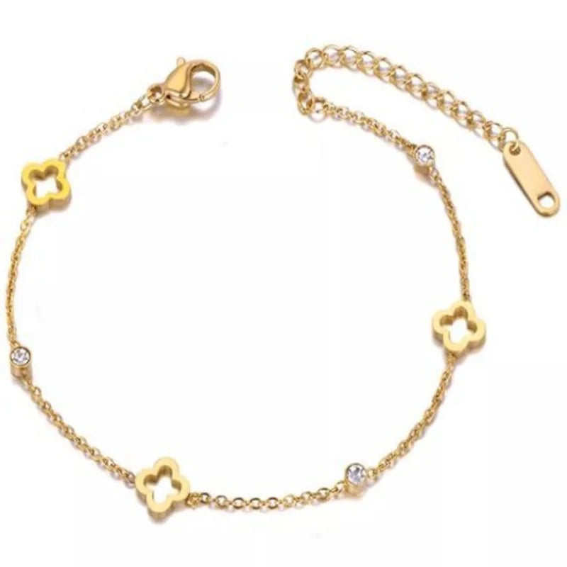 EVISPOL Fashion Stainless Steel Clover Flower Bracelet Set for Women Stylish Gold Color Bangles Earring Piercing Jewelry Gifts