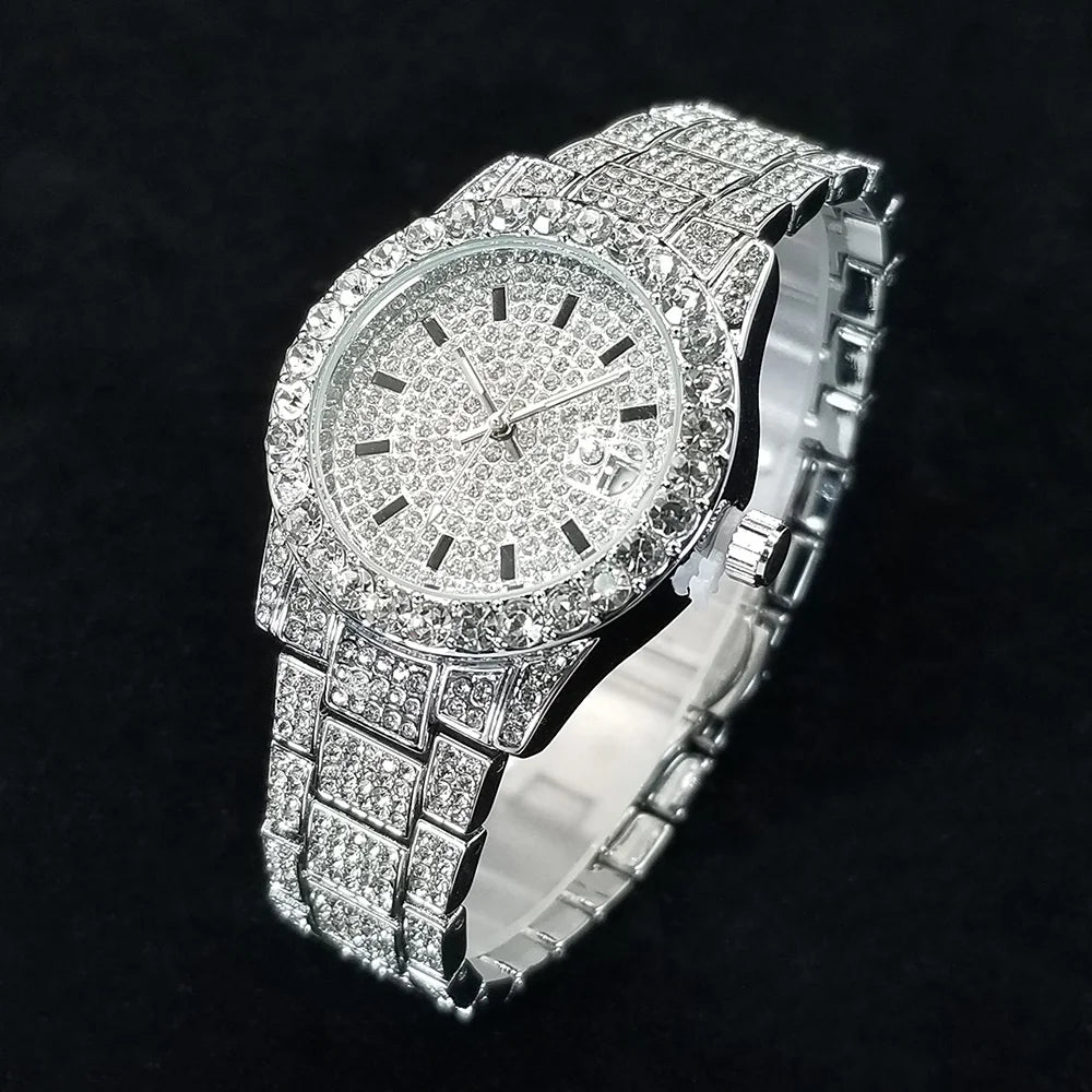 Elegant Full Diamond Female Watches Fashion Silver Round Stainless Steel Quartz Watch Iced Out Shiny Waterproof Gift for Women