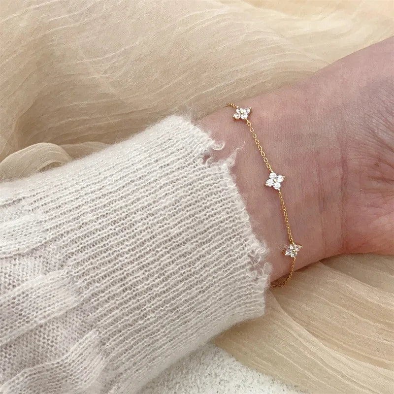 18k Gold Plated Cz Four-leaf Flower Bracelet for Women Girl Dainty Adjustable Link Chain Bracelets Charm Luxury Trend Jewelry