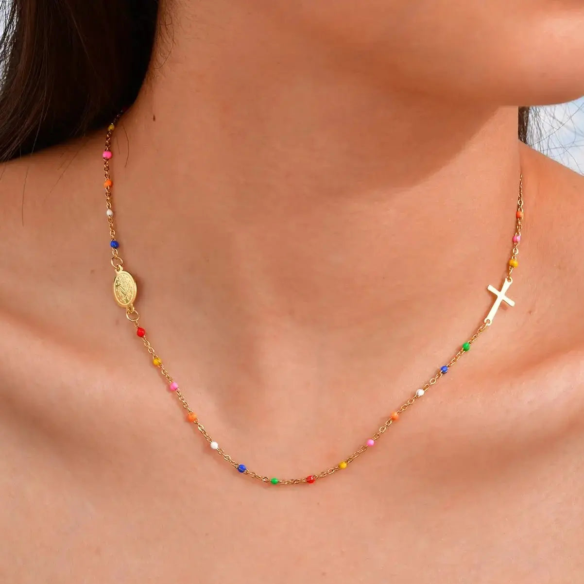 Bohemian Colored Bead Chains Virgin Cross Necklace for Women,Stainless Steel St. Benedict Cross Necklaces,Holy Christian Jewelry