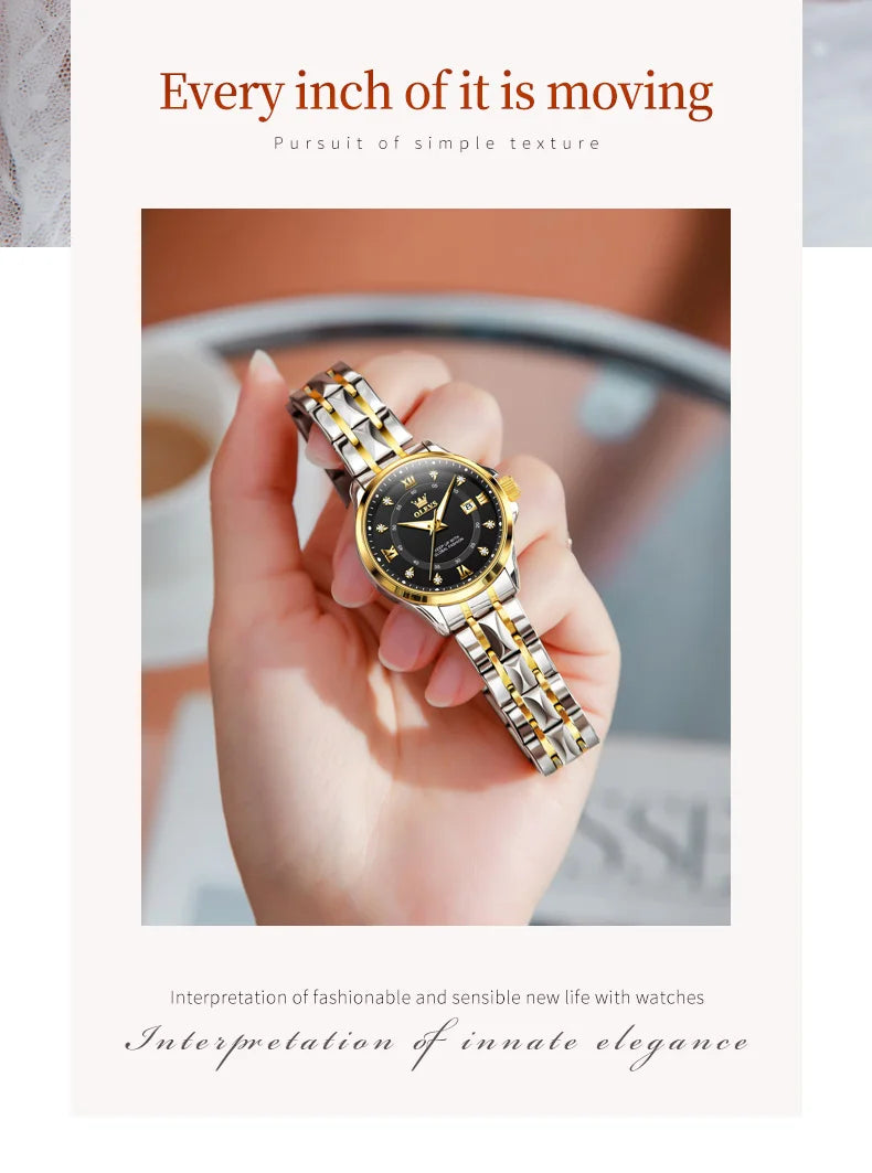 OLEVS Elegant Luxury Watches for Women Original Stainless Steel Calendar Luminous Waterproof Quartz Fashion Trend Ladies Watch