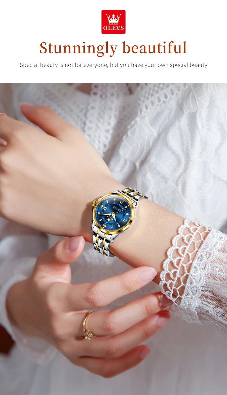 OLEVS Elegant Luxury Watches for Women Original Stainless Steel Calendar Luminous Waterproof Quartz Fashion Trend Ladies Watch