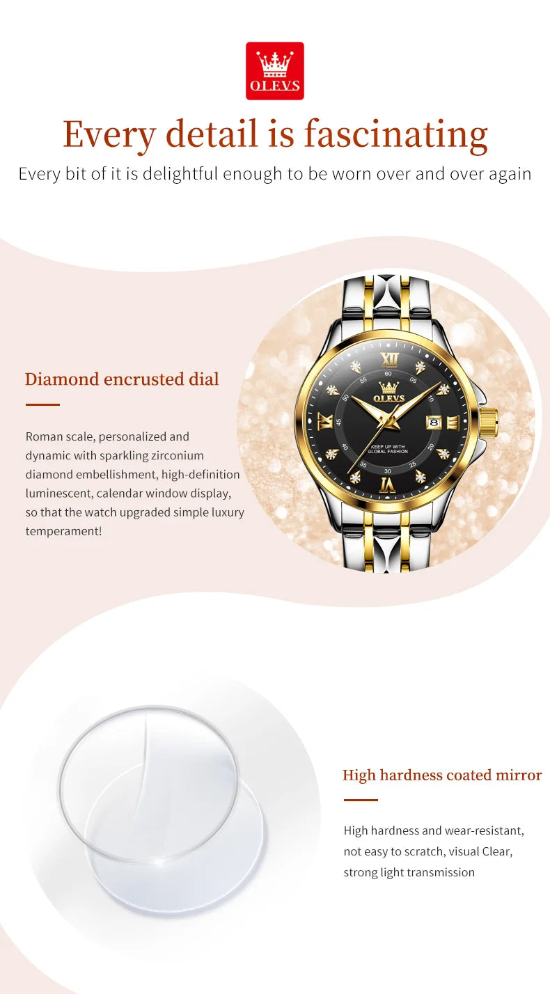 OLEVS Elegant Luxury Watches for Women Original Stainless Steel Calendar Luminous Waterproof Quartz Fashion Trend Ladies Watch