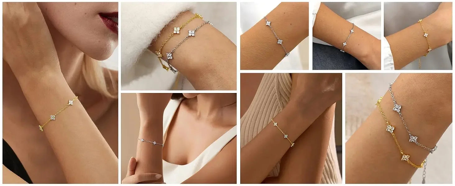 18k Gold Plated Cz Four-leaf Flower Bracelet for Women Girl Dainty Adjustable Link Chain Bracelets Charm Luxury Trend Jewelry