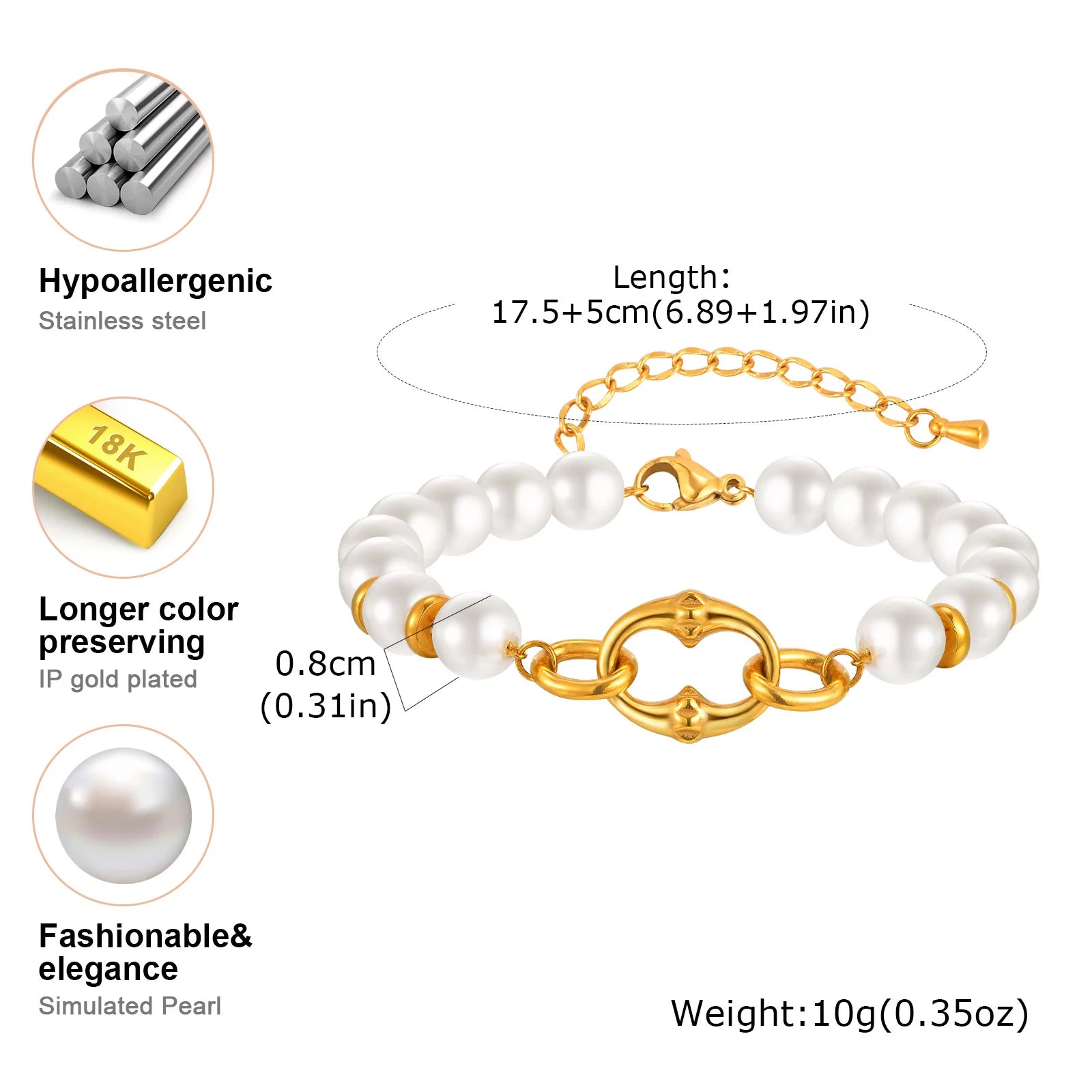Statement Gold Plated Pearl Beaded Bracelets for Women, Waterproof Link Handmade Wristband Trendy Jewelry