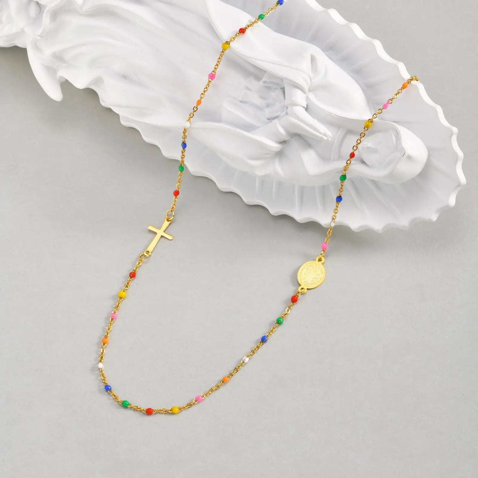 Bohemian Colored Bead Chains Virgin Cross Necklace for Women,Stainless Steel St. Benedict Cross Necklaces,Holy Christian Jewelry