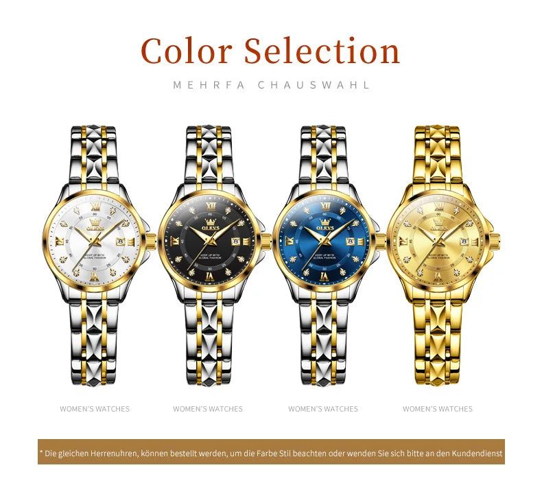 OLEVS Elegant Luxury Watches for Women Original Stainless Steel Calendar Luminous Waterproof Quartz Fashion Trend Ladies Watch
