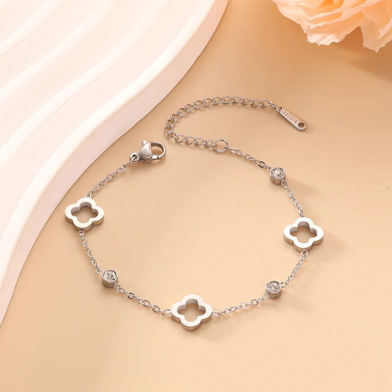 EVISPOL Fashion Stainless Steel Clover Flower Bracelet Set for Women Stylish Gold Color Bangles Earring Piercing Jewelry Gifts
