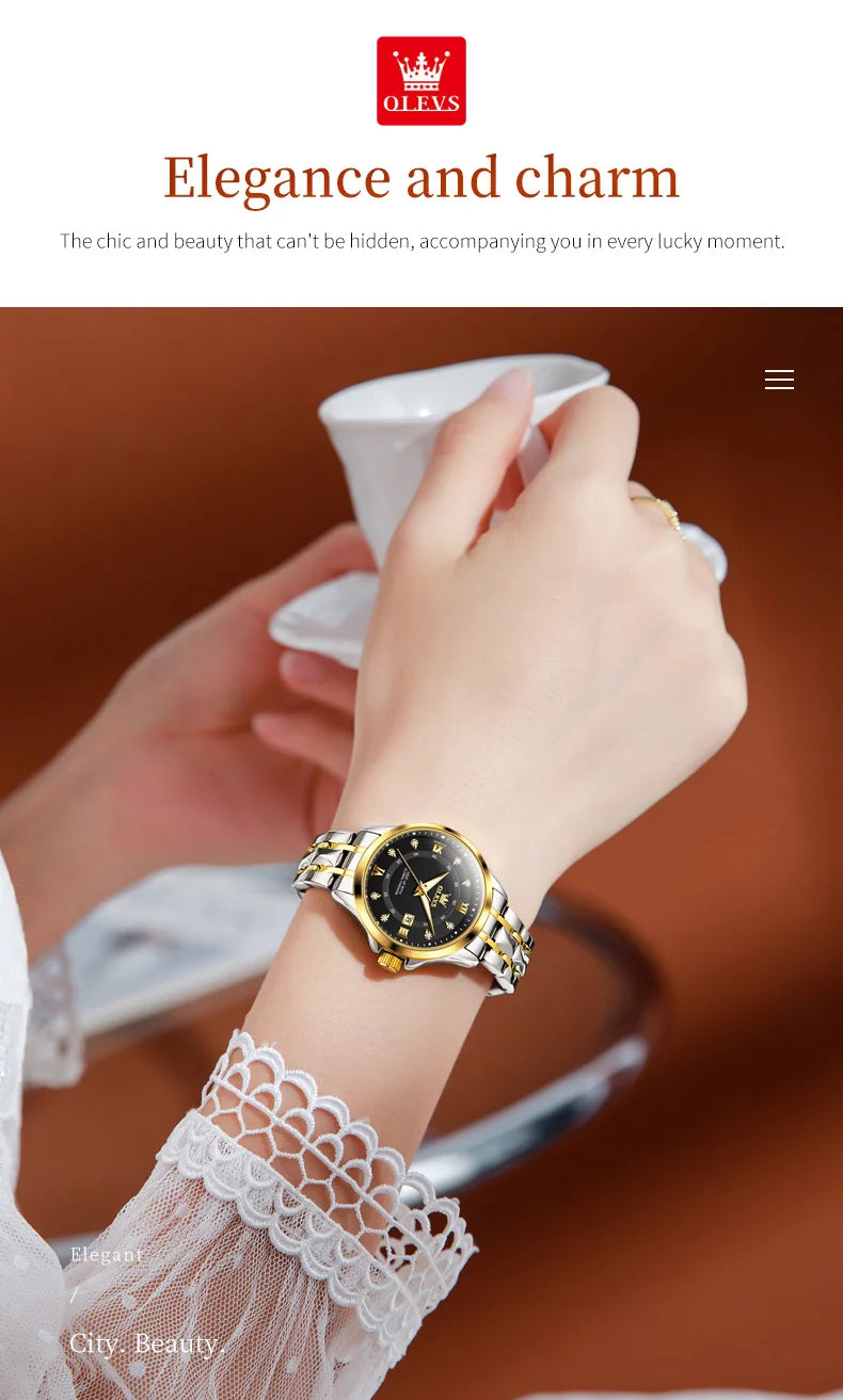 OLEVS Elegant Luxury Watches for Women Original Stainless Steel Calendar Luminous Waterproof Quartz Fashion Trend Ladies Watch