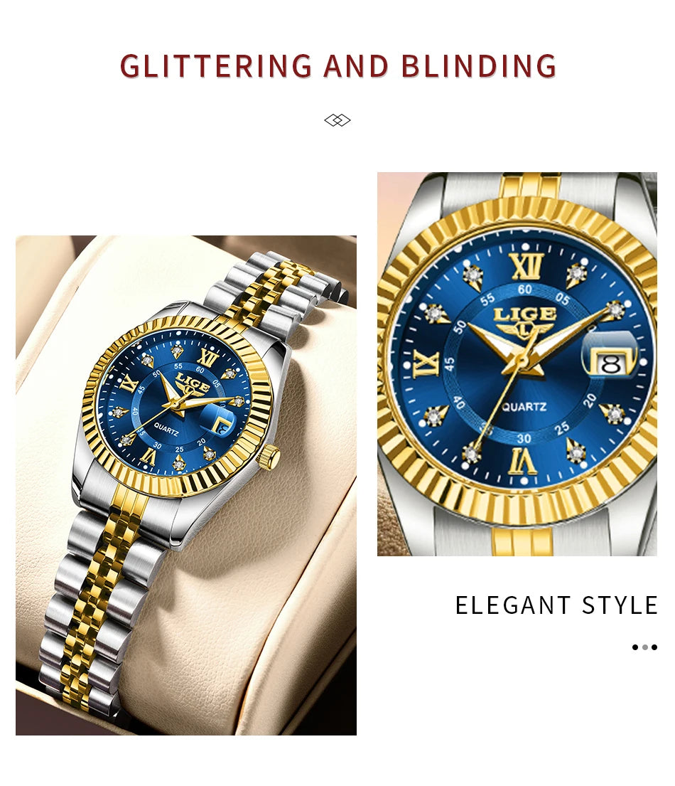 LIGE Fashion Woman Watch Stainless Steel Waterproof Auto Date Elegant Ladies Wristwatch Luxury Original Quartz Watch for Women