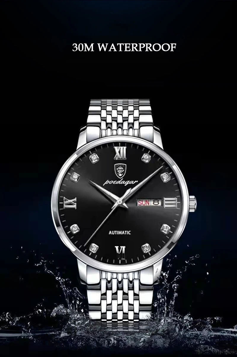 POEDAGAR Stainless Steel Men Quartz Wristwatch Waterproof Luxury Brand Fashion Sport Luminous Mens Watches Calendar Gifts Clocks