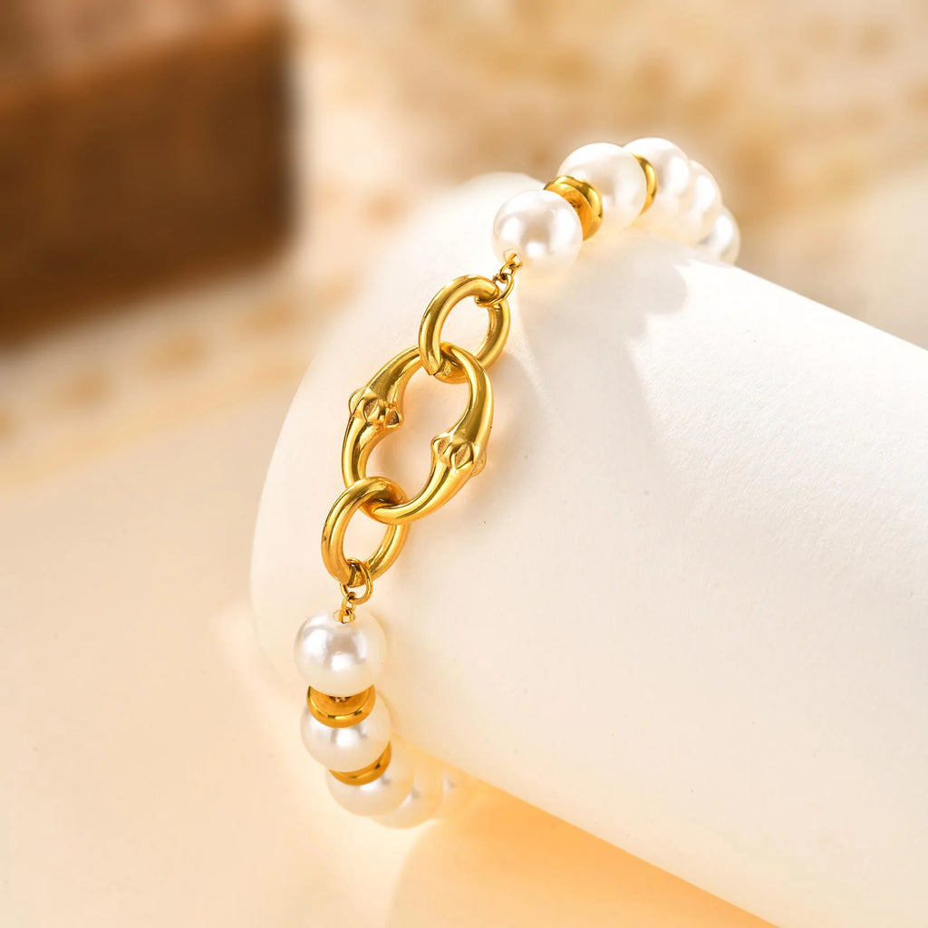 Statement Gold Plated Pearl Beaded Bracelets for Women, Waterproof Link Handmade Wristband Trendy Jewelry
