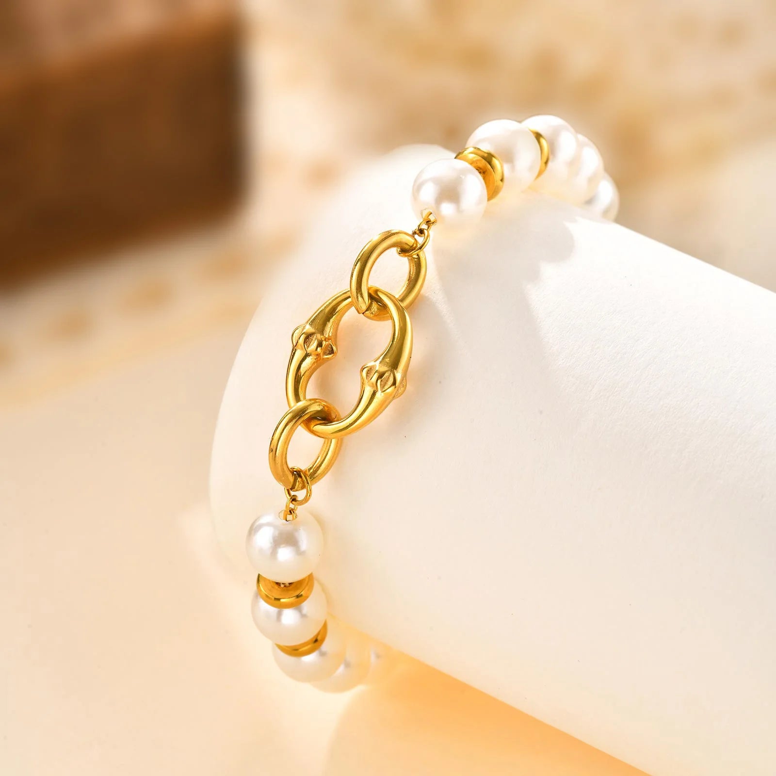 Statement Gold Plated Pearl Beaded Bracelets for Women, Waterproof Link Handmade Wristband Trendy Jewelry