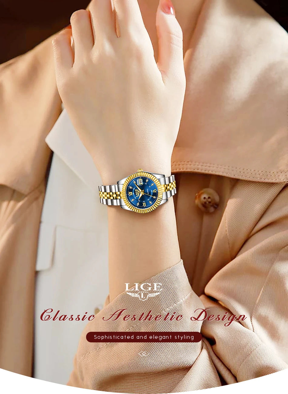 LIGE Fashion Woman Watch Stainless Steel Waterproof Auto Date Elegant Ladies Wristwatch Luxury Original Quartz Watch for Women