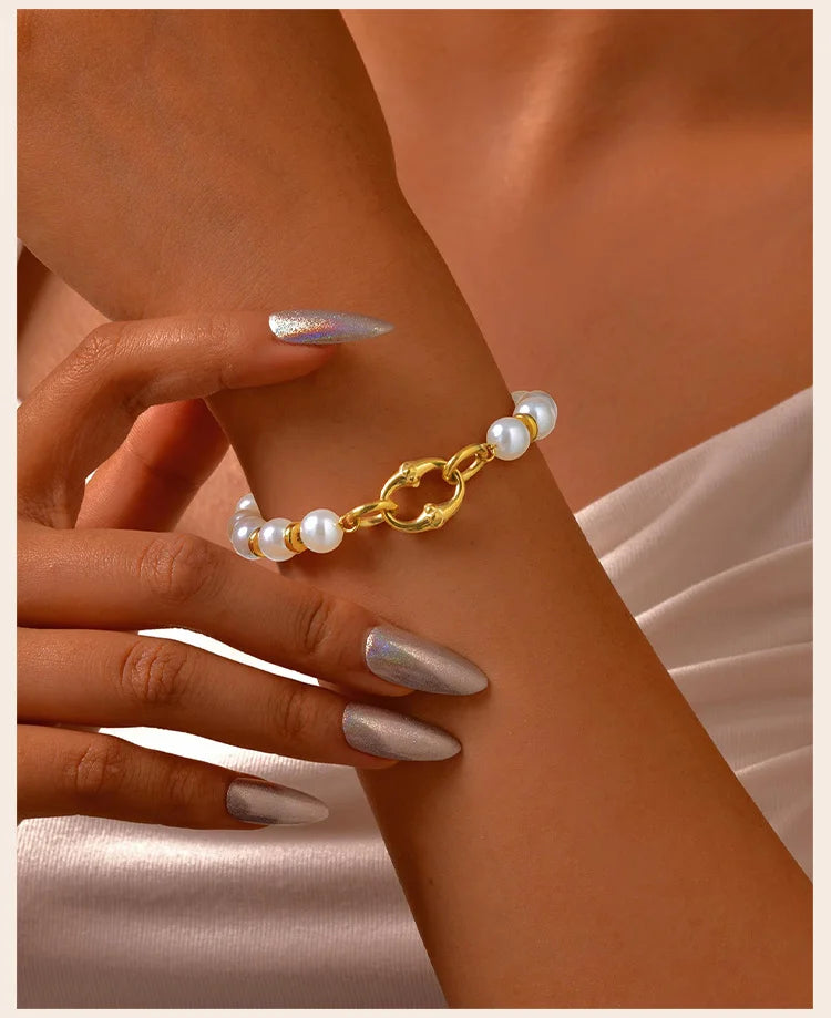 Statement Gold Plated Pearl Beaded Bracelets for Women, Waterproof Link Handmade Wristband Trendy Jewelry
