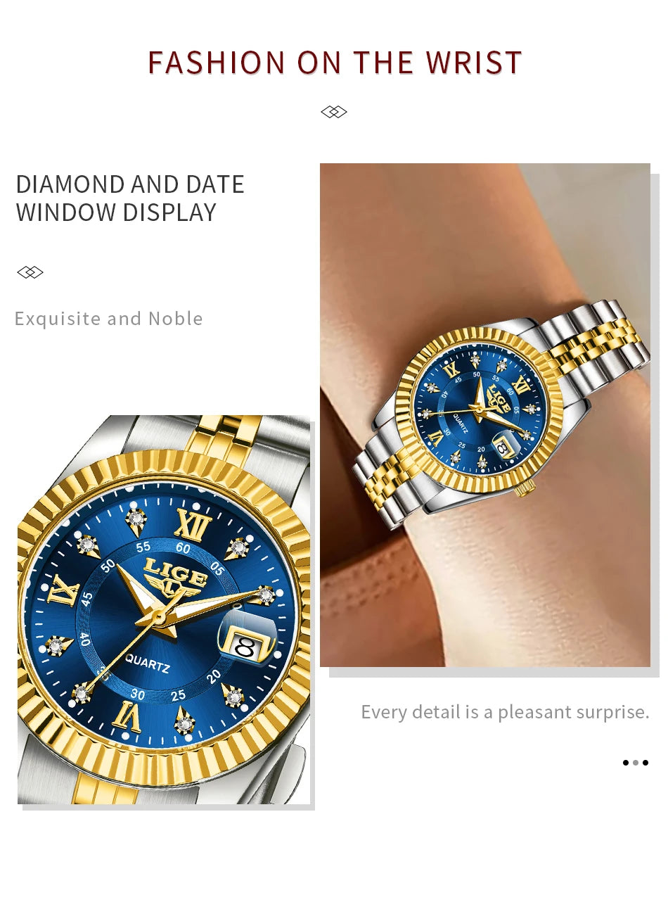 LIGE Fashion Woman Watch Stainless Steel Waterproof Auto Date Elegant Ladies Wristwatch Luxury Original Quartz Watch for Women