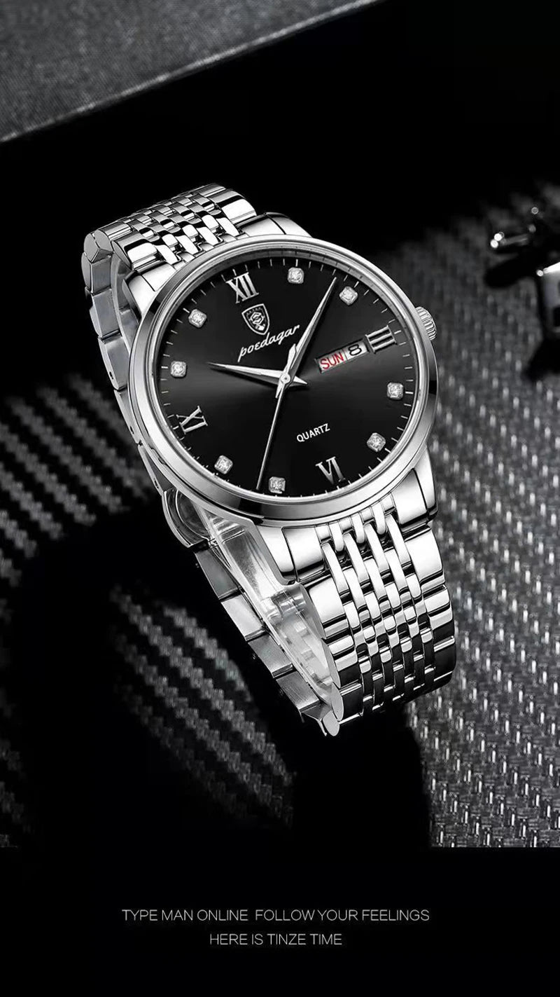 POEDAGAR Stainless Steel Men Quartz Wristwatch Waterproof Luxury Brand Fashion Sport Luminous Mens Watches Calendar Gifts Clocks