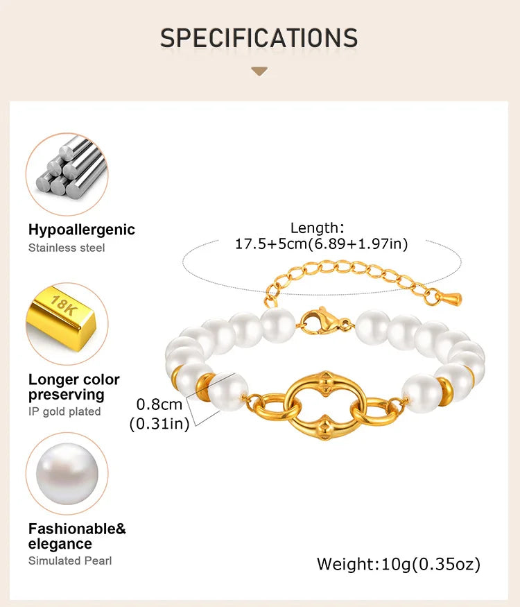 Statement Gold Plated Pearl Beaded Bracelets for Women, Waterproof Link Handmade Wristband Trendy Jewelry